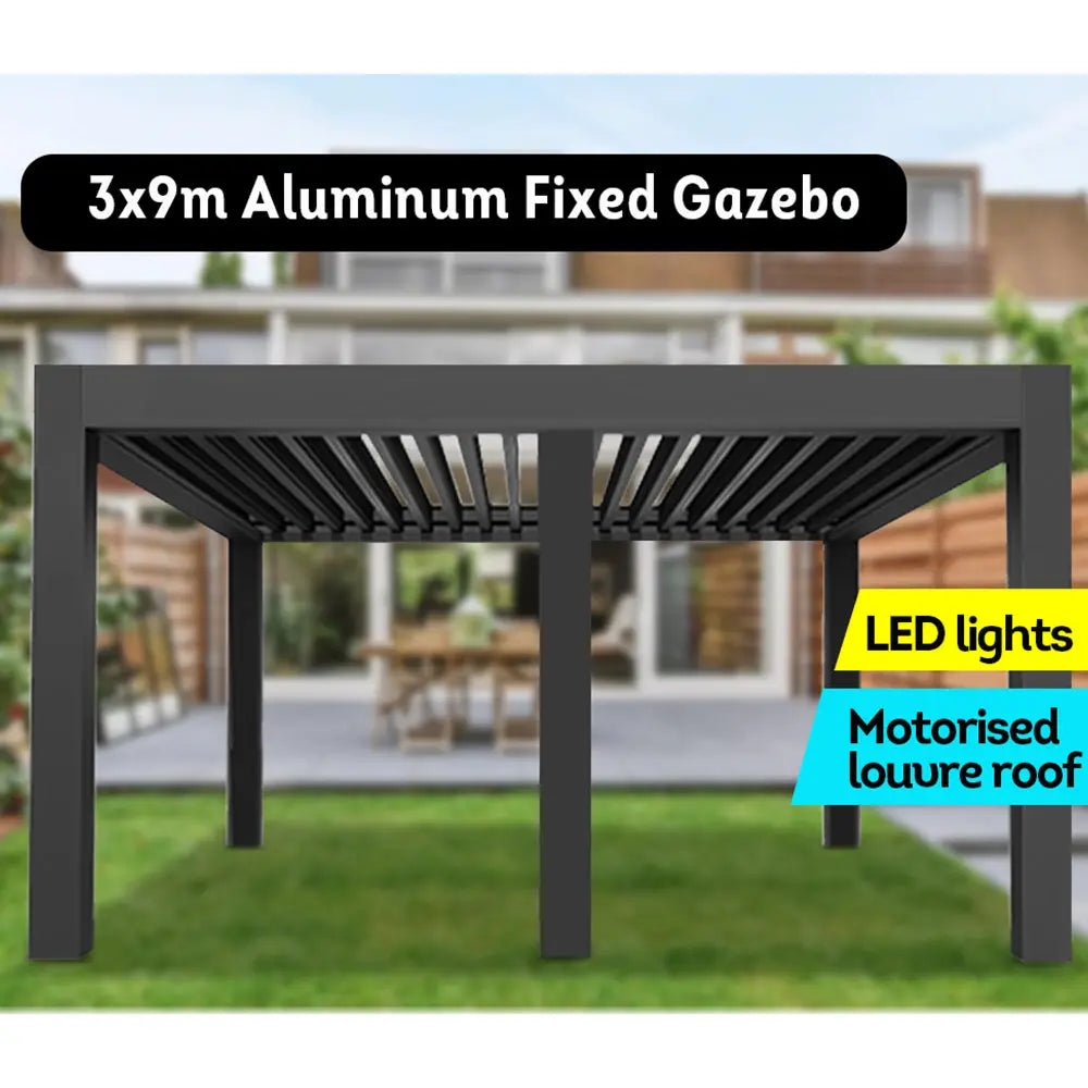[10% OFF PRE-SALE] T&R SPORTS 3x9m Motorised Louvre Roof Aluminum Fixed Gazebo LED Lights Backyard - Black (Dispatch in 8 weeks) megalivingmatters