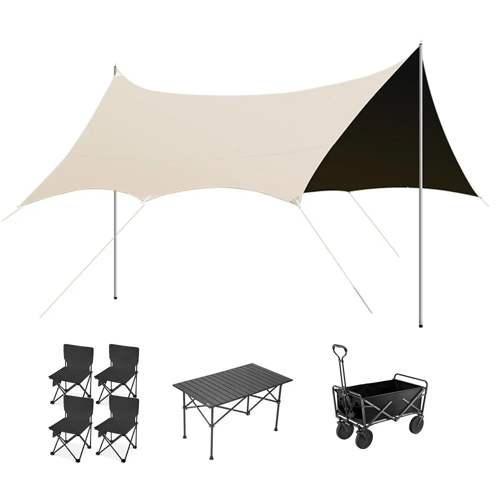 [5% OFF PRE-SALE] T&R SPORTS 260cm Steel Pole Camping Tent Set W/ Table, Four Chairs And Camping Car  Outdoor Waterproof Sun Shelt - Cream Coffee (Dispatch in 8 weeks) T&R Sports